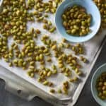 Roasted Edamame on a baking sheet