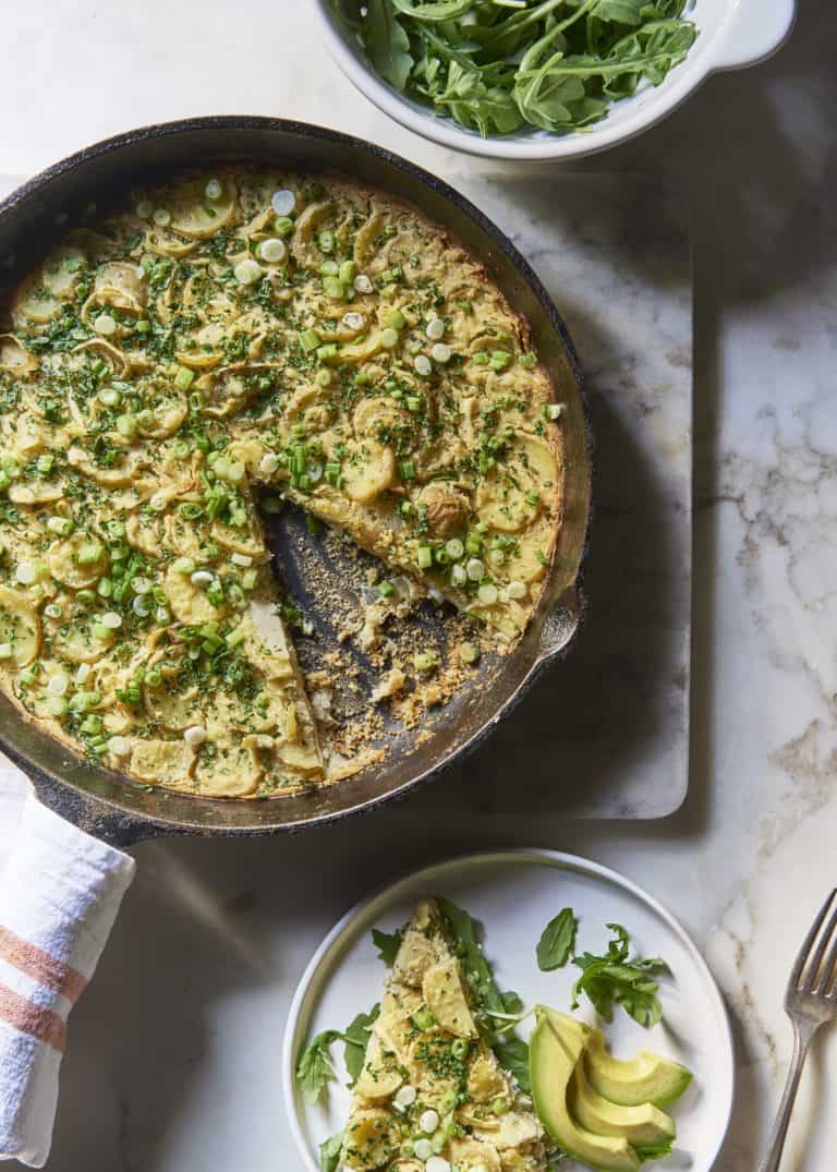 Vegan Chickpea Frittata with Caramelized Onion and Arugula