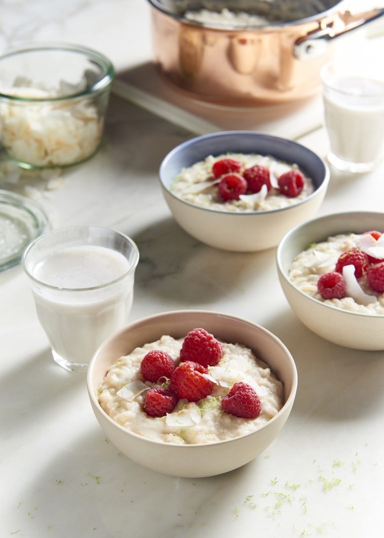 Vegan Lime Coconut Rice Pudding with Raspberries