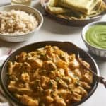 Vegan Potato Curry with Cauliflower and Green Beans with chutney and chickpea crepes